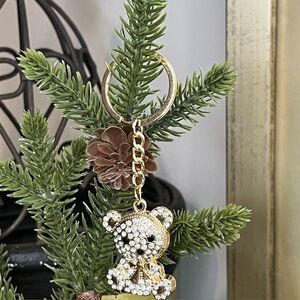 Small Bear Keychain or Purse Charm Clear Zircon with Golden Accents